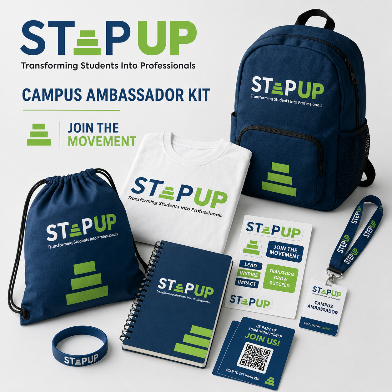 StepUp Campus Ambassador Kit — backpack, t-shirt, notebook, lanyard and branded merchandise